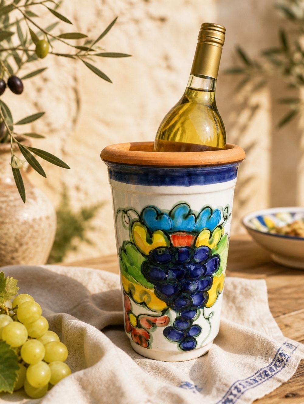 Himark Portugal Handpainted Terracotta Wine Chiller Grape Motif Signed